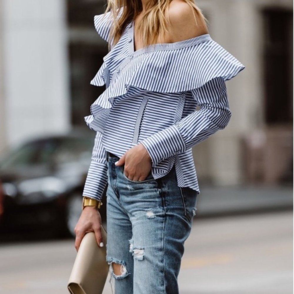NWT Self-Portrait Striped Frill Ruffle Shirt Blouse